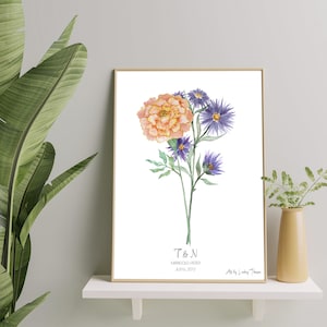 Birth Flower Bouquet (8x10 Inch Digital File) with 2 Flowers, Custom Watercolour Birth Flower Art, Wedding Gift, Anniversary Gift