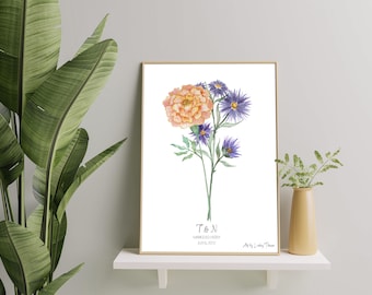 Birth Flower Bouquet (8x10 Inch Digital File) with 2 Flowers, Custom Watercolour Birth Flower Art, Wedding Gift, Anniversary Gift