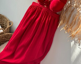 Traje de vestido de diosa griega, vestido rojo de M'slin, vestido sin espalda, vestido de invitada de boda, vestido griego boho, vestido de playa, vestido Cottagecore