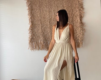 Vestido de verano muslin, vestido boho, vestido de verano con aberturas, vestido de diosa griega, vestido helen, vestido de novia, algodón orgánico