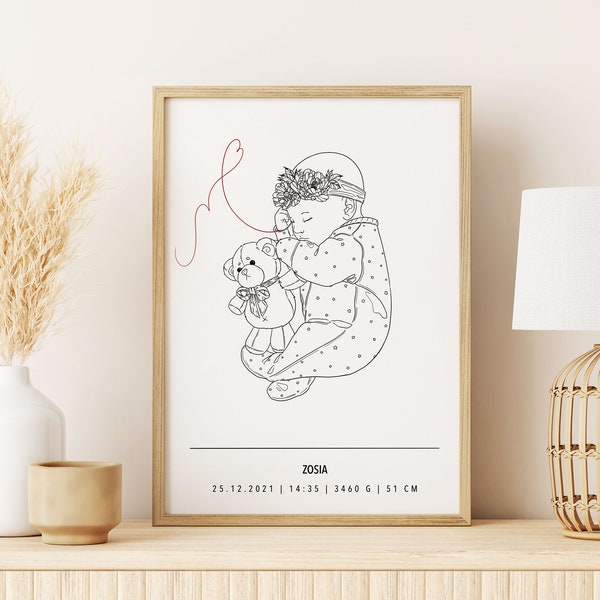 Affiche de naissance personnalisée imprimable, cadeau de naissance, illustration de nouveau-né, cadeau de Noël, affiche de bébé, décoration de chambre de bébé, affiche de chambre de bébé