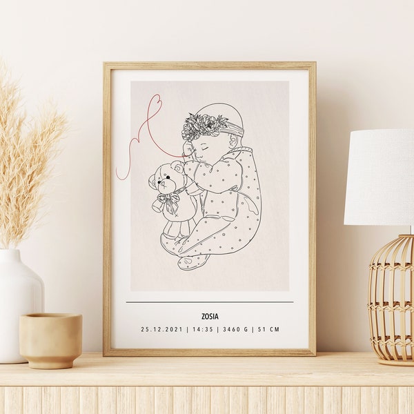 Affiche de naissance personnalisée imprimable, cadeau de naissance, illustration de nouveau-né, cadeau de Noël, affiche de bébé, décoration de chambre de bébé, affiche de chambre de bébé