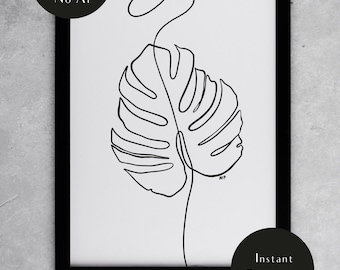 Plakat z grafiką liniową Monstera | Minimalistyczny wydruk Monstera | Czarno-biały | Nadruk kwiatowy | Plakat kwiatowy | Grafika liniowa do druku