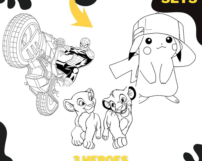 79 PAGE COLORING Set For Children - 3 Hero Sets - Spiderman, Pokemon, Lion King