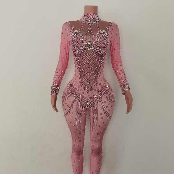 Birthday Outfit Catsuit Rhinestones Jumpsuit Crystal Outfits Pearls Full Diamond Bodysuit Dance Costume NEW IN