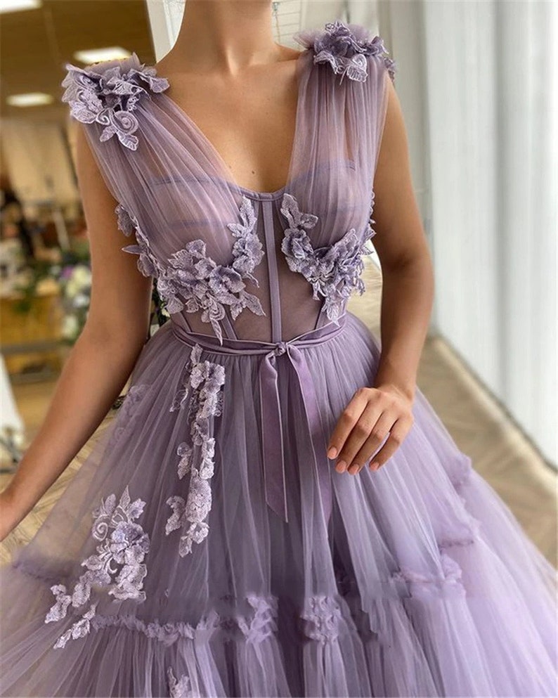 Elegant Lavender Tiered Tulle Long Prom Dresses, fairy tale romantic retro vintage royal core princess, bridesmaid dress, cottagecore dress 