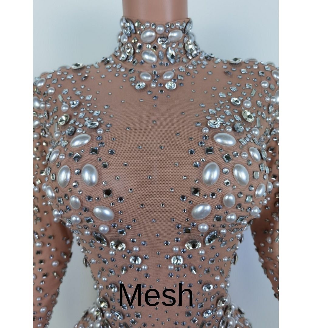 Windsor Sweet Chic Pearl Mesh Bodysuit Top in Ivory | Size: Small | Rhinestone/Mesh Fabric/Sheer Mesh Fabric