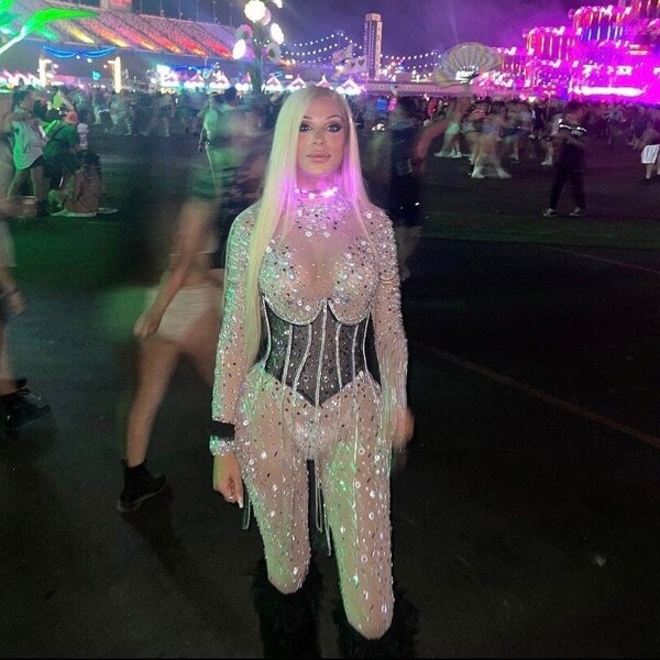 See through Pearl Beads Big Pearls stone Rhinstone Bodysuit /Dress