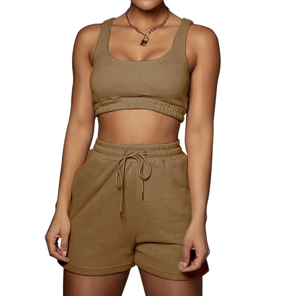 Casual Solid Two-piece Set, Crop Tank Top & High Waist Drawstring Shorts  Outfits, Women's Clothing - Temu Romania