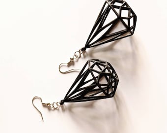 Black Matte 3D Printed Gem Earrings, Lightweight Jewelry Design, Unique Gift for Her