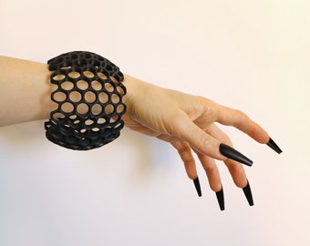 Black Matte 3D Printed Wide Elegant Bangle with Honeycomb Lacy Pattern, Unique, Unusual Gift for Women