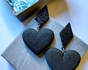 Statement Matte Black 3D Printed Heart Earrings, Lace Jewelry, Gift for Girlfriend