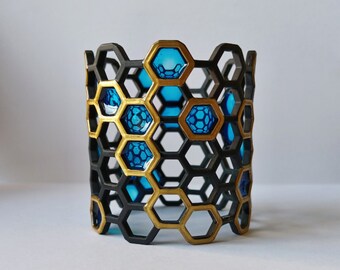 Elegant 3D Printed Stained Glass Bangle and Earring Set with Honeycomb Pattern, Unique Statement Jewelry Gift for Women