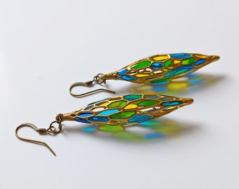 Stained Glass Peacock Colored 3D Printed Lightweight Earrings, Bright Accessory Unique Gift for Women, Colorful Statement Jewelry