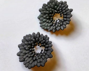 Black Matte 3D Printed Futuristic Flower Lightweight Earrings, Handcrafted Jewelry, Unique Gift for Her