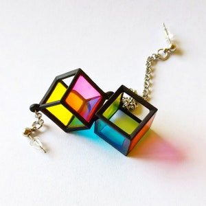 Unique 3D Printed Stained Glass Cube Earrings, Lightweight  Handmade  Resin Jewelry Gift for Ladies