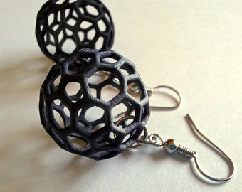 Black Matte 3D Printed Lightweight Earrings with Voronoi Pattern, Elegant and Simple Lace Sphere Dangles, Unique Womens Gift