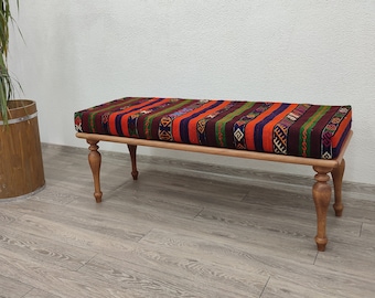 banco kilim, banco piano, banco otomano, decoración de casa de campo, taburete otomano, banco de alfombra turca, banco de reposapiés, banco de salón,