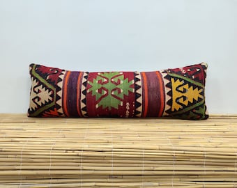 Vintage Kilim Pillow, 12x36, Turkish Kilim Pillow, Boho Kilim Pillow, Decorative Throw Pillow, Kilim Cushion Cover, Decorative Pillow, OD435