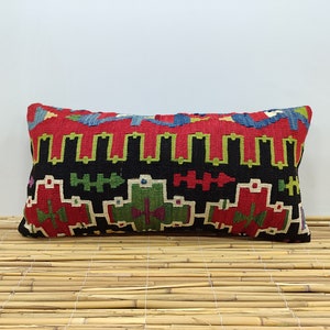 Decorative Throw Pillow, 12x24 Turkish Kilim Pillow, Bohemian Kilim Pillow, Ethnic Fabric, Handmade Kilim Lumbar, Floor Cushion Cover, OA333