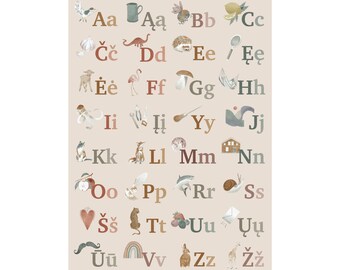 Alphabet poster (Lithuanian) Illustrated letters print Educational Abc poster for toddlers Homeschooling Montessori Learning to read