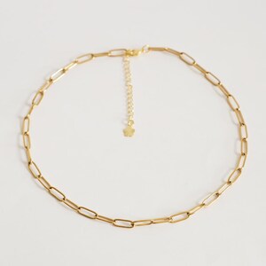 Op de afbeelding: Een gouden ketting met een delicaat, gekoppeld kettingontwerp. De ketting heeft een kleine, stervormige sluiting.