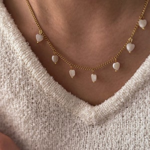 Colar de corrente de aço inoxidável, pingente de coração em madrepérola, joias da moda, colar feminino, presente para ela