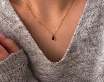 Collier fin pendentif pierre onyx noir, Collier minimaliste en acier inoxydable, bijoux tendance, Cadeau femme