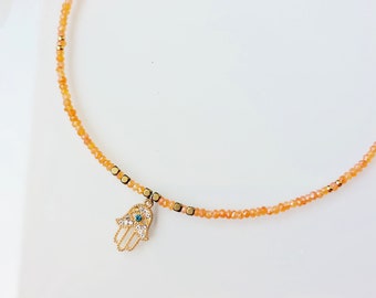 Carnelian Necklace, Hand of Fatima Pendant, Carnelian and Hand of Fatima Jewelry, Carnelian Choker, Hand of Fatima Charm