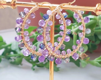 Amethyst Earrings, Amethyst and Swarovski Crystal Earrings, Amethyst Earrings, Amethyst and Agate Hoop Earrings. Swarovski and Amethyst Jewelry, Amethyst Gift