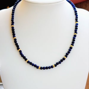 Lapis Lazuli and Gold Jewel, 4mm Lapis Lazuli, Throat Chakra, December Stone, Capricorn Stone, Navy Blue and Gold Necklace