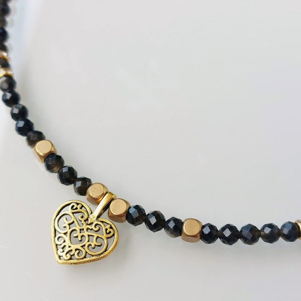Obsidian gold necklace, obsidian necklace, gold heart charm, vintage heart charm, 4mm beads, gold Obsidian, black jewel