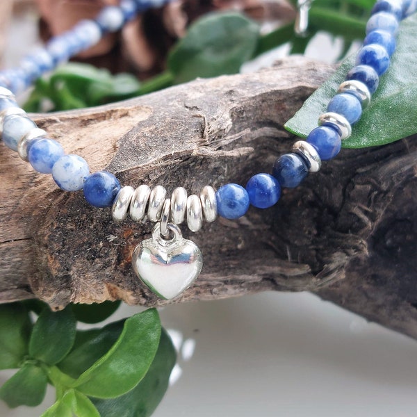 Collier Sodalite, Perles Sodalite, Sodalite et Argent, Pendentif Argent, Coeur Argent, Cadeau Sodalite, Collier Coeur Bleu