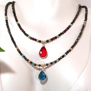 Obsidian gold, obsidian necklace, red teardrop charm, blue teardrop charm, root chakra, Obsidian beads, brown choker
