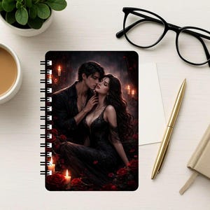 Puede incluir: Un cuaderno de espiral con una ilustraci&oacute;n rom&aacute;ntica y oscura de una pareja vestida de negro rodeada de rosas rojas y velas encendidas. La portada muestra a un hombre y una mujer en un abrazo &iacute;ntimo dentro de un entorno tenuemente iluminado.