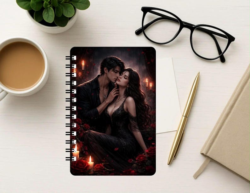 Puede incluir: Un cuaderno de espiral con una ilustraci&oacute;n rom&aacute;ntica y oscura de una pareja vestida de negro rodeada de rosas rojas y velas encendidas. La portada muestra a un hombre y una mujer en un abrazo &iacute;ntimo dentro de un entorno tenuemente iluminado.