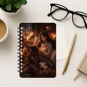 Puede incluir: Un cuaderno de espiral con una ilustraci&oacute;n en la portada de una persona de pelo largo casta&ntilde;o con un su&eacute;ter beige, leyendo un libro mientras est&aacute; sentada en un sof&aacute; con un gato, rodeada de velas encendidas y una ventana con vista nocturna.