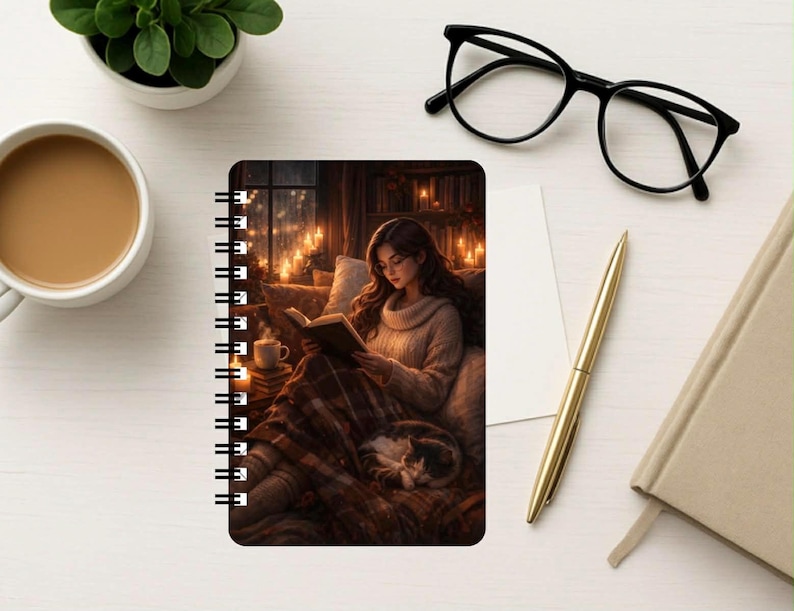Puede incluir: Un cuaderno de espiral con una ilustraci&oacute;n en la portada de una persona de pelo largo casta&ntilde;o con un su&eacute;ter beige, leyendo un libro mientras est&aacute; sentada en un sof&aacute; con un gato, rodeada de velas encendidas y una ventana con vista nocturna.