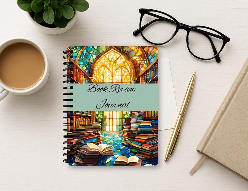 Puede incluir: Un diario de espiral con una colorida ilustraci&oacute;n de una biblioteca con vidrieras y pilas de libros. Una banda horizontal de color verde claro en el centro muestra el texto negro Book Review Journal en una fuente de estilo manuscrito.
