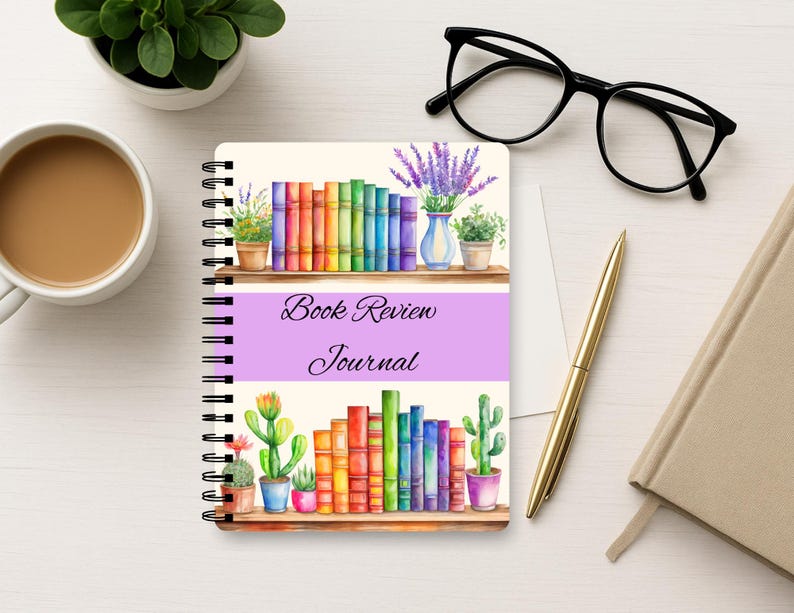 Puede incluir: Un diario de rese&ntilde;as de libros con encuadernaci&oacute;n en espiral que presenta una ilustraci&oacute;n en acuarela de dos estantes de madera llenos de libros coloridos, cactus en macetas y lavanda. El centro de la portada tiene una banda horizontal de color violeta claro con el texto Book Review Journal.
