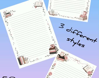 Puede incluir: Tres blocs de notas desprendibles de 12,7 x 17,8 cm con 50 páginas cada uno, en 3 estilos diferentes. Cada bloc tiene líneas horizontales y bordes decorativos con ilustraciones de libros apilados, flores y tazas en tonos rosa y marrón.