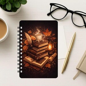 Puede incluir: Un cuaderno de espiral con una ilustraci&oacute;n oscura y atmosf&eacute;rica de una pila de libros antiguos, una taza de caf&eacute; humeante, una pluma, rosas naranjas, una linterna encendida y hojas de oto&ntilde;o sobre un fondo oscuro y texturizado.