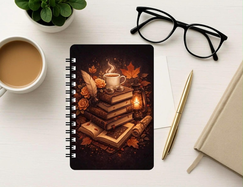 Puede incluir: Un cuaderno de espiral con una ilustraci&oacute;n oscura y atmosf&eacute;rica de una pila de libros antiguos, una taza de caf&eacute; humeante, una pluma, rosas naranjas, una linterna encendida y hojas de oto&ntilde;o sobre un fondo oscuro y texturizado.