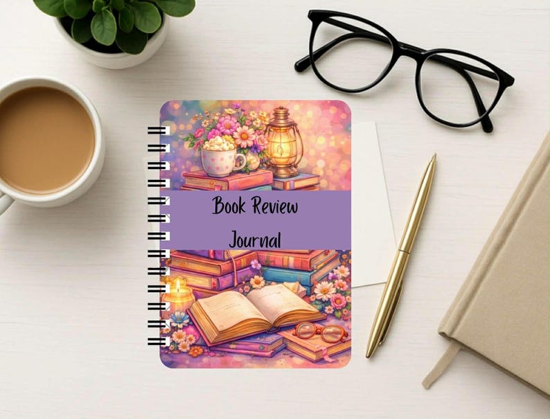 Puede incluir: Un diario de rese&ntilde;as de libros con encuadernaci&oacute;n en espiral que presenta una colorida ilustraci&oacute;n de libros apilados, una linterna, una taza y flores. Una banda horizontal morada en el centro muestra el texto Book Review Journal en letra simple.