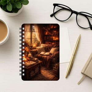 Puede incluir: Un cuaderno de espiral con una imagen impresa de un acogedor interior de biblioteca con un sof&aacute;, estanter&iacute;as y una ventana. El cuaderno est&aacute; rodeado por una taza de caf&eacute;, gafas de montura negra, un bol&iacute;grafo dorado y un cuaderno beige liso.
