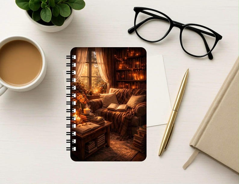 Puede incluir: Un cuaderno de espiral con una imagen impresa de un acogedor interior de biblioteca con un sof&aacute;, estanter&iacute;as y una ventana. El cuaderno est&aacute; rodeado por una taza de caf&eacute;, gafas de montura negra, un bol&iacute;grafo dorado y un cuaderno beige liso.
