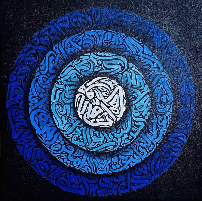 Islamic Calligraphy Art in Blue | Circular Arabic Calligraphy Painting ...