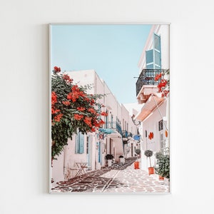 Grèce Paros Printable Wall Art,Grèce Art Mural,Impression Méditerranéenne,Art Mur Pastel,Gravures Terracuite,Gravures Pêche,Affiche Bougainvilliers