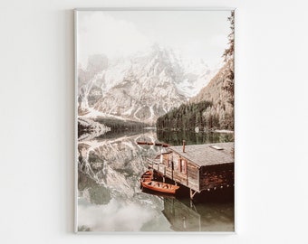 Lago di Braies Boat Print, Italian Landscape Art, Lake Boat Photography, Dolomites Alps Poster, Nordic Printable Wall Art, Digital Print