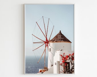 Mykonos Windmill Printable Wall Art,Greece Wall Art,Mediterranean Print,Pastel Wall Art,Terracotta Prints,Peachy Prints,Bougainvillea Poster